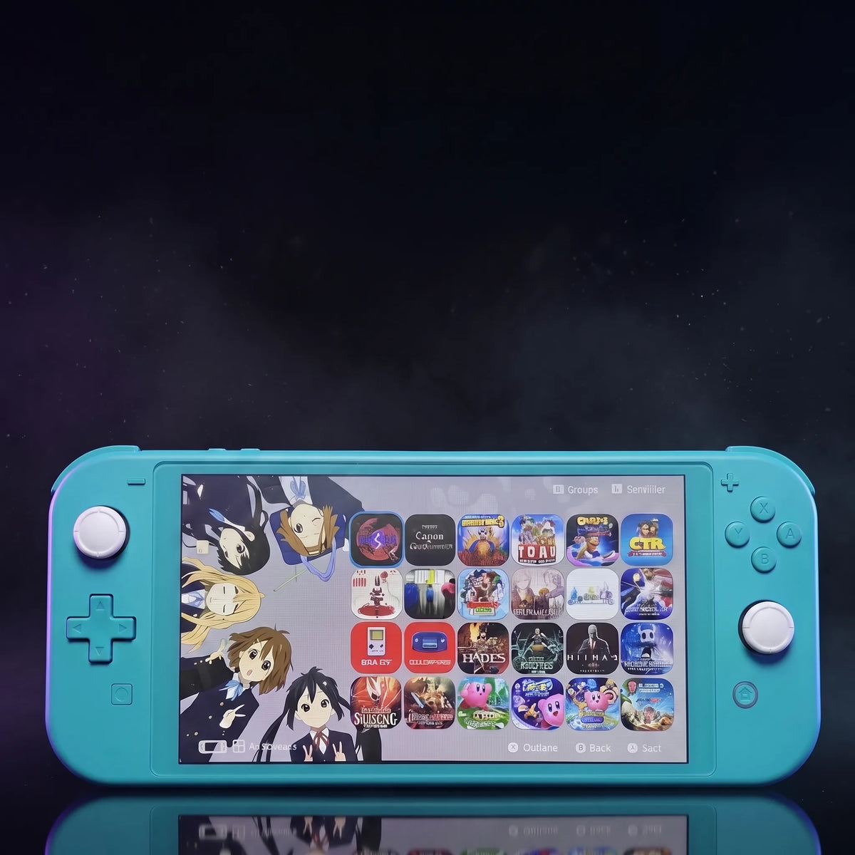 Modchipped Nintendo Switch Lite in turquoise showing preloaded game library – Picofly custom firmware handheld UK | ModxGaming