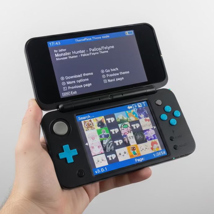 Modded New 2DS XL held in hand showing a theme manager, mod my console with preloaded games UK