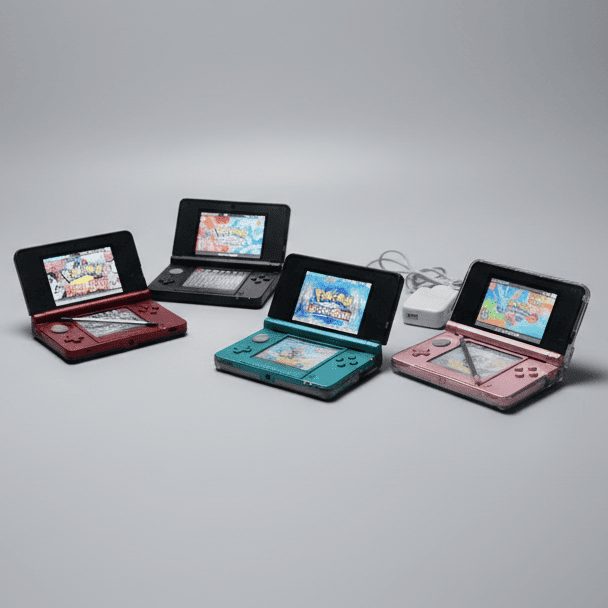 All four modded 3DS colour options open on a studio background, custom firmware and SD card included