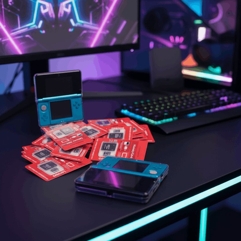 Modded turquoise 3DS and red game cases on a neon gaming desk, mod my console with custom firmware UK