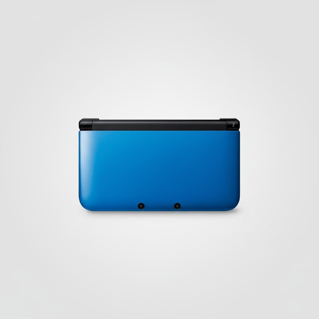 Top-down view of a blue modded 3DS XL closed, Luma3DS custom firmware console from ModxGaming UK