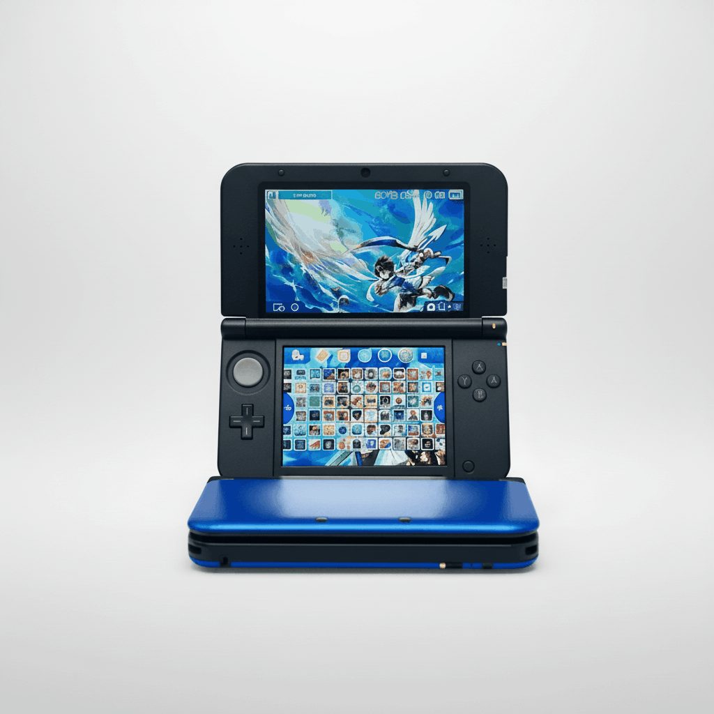 Blue and black modded 3DS XL displaying its preloaded retro game library on a white background, buy UK