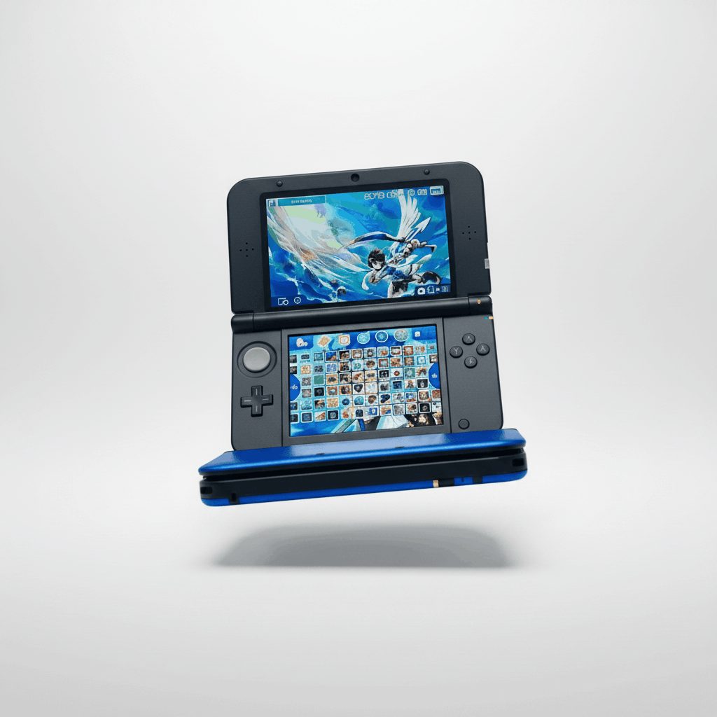 Floating modded 3DS XL hero shot with Kid Icarus theme, CFW custom firmware and full game library UK
