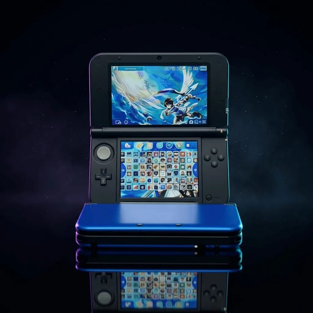 Modded Nintendo 3DS XL with custom firmware CFW showing Kid Icarus theme on dual screens – ModxGaming UK