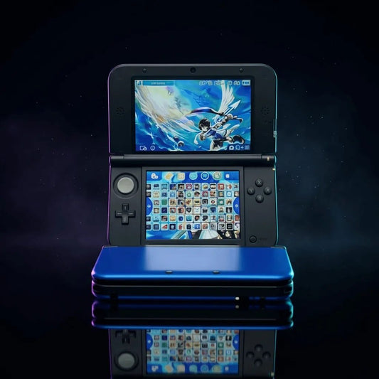 Modded Nintendo 3DS XL with custom firmware CFW showing Kid Icarus theme on dual screens – ModxGaming UK