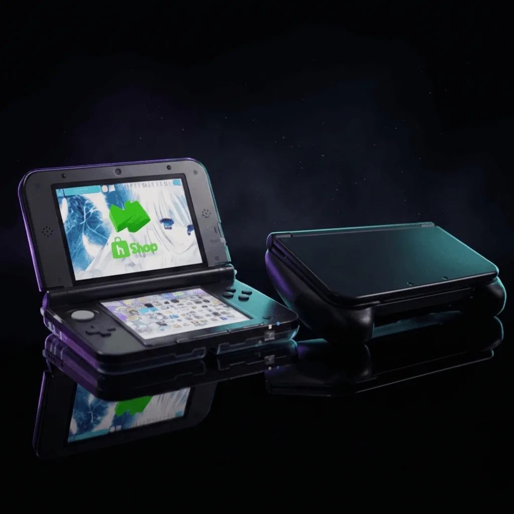 Black modded 3DS XL open on home menu beside its ergonomic grip, modded 3DS XL grip bundle UK