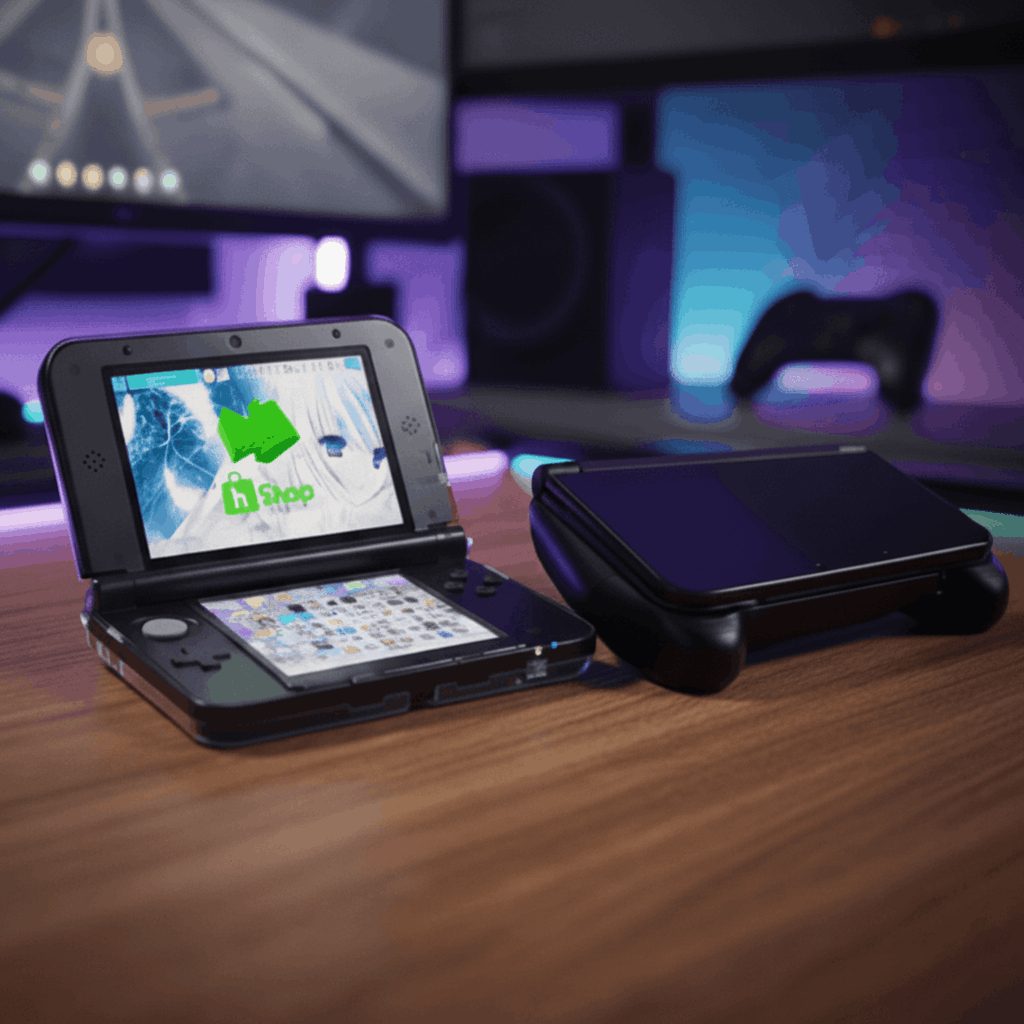 Modded 3DS XL and ergonomic hand grip on an RGB gaming desk, custom firmware and preloaded games UK