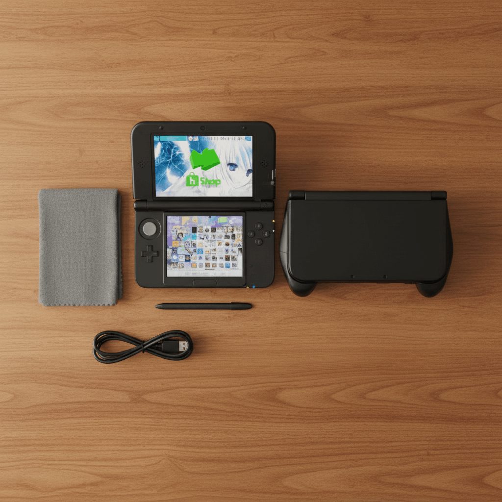 Modded 3DS XL grip bundle flat lay with stylus, charger and cleaning cloth, custom firmware installed UK