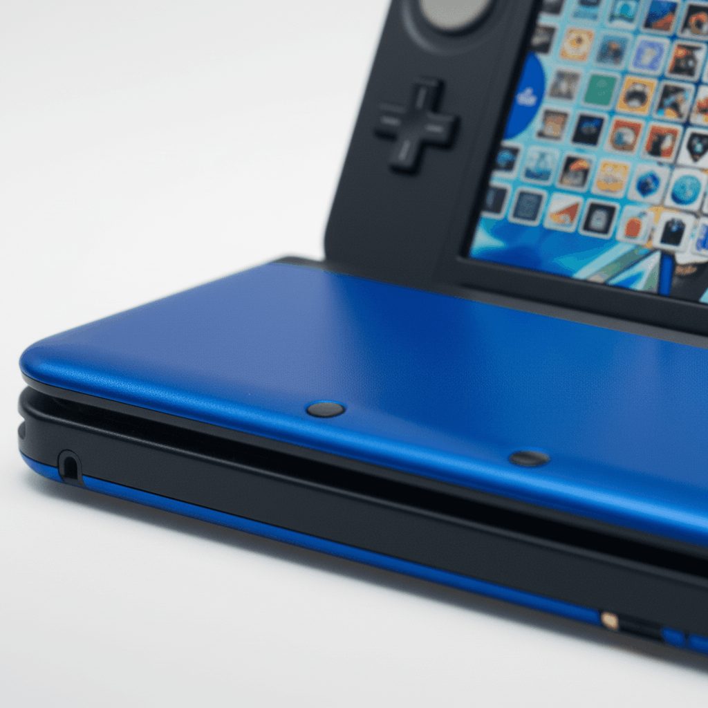 Close-up of the metallic blue shell and hinge on a modded 3DS XL handheld with custom firmware CFW