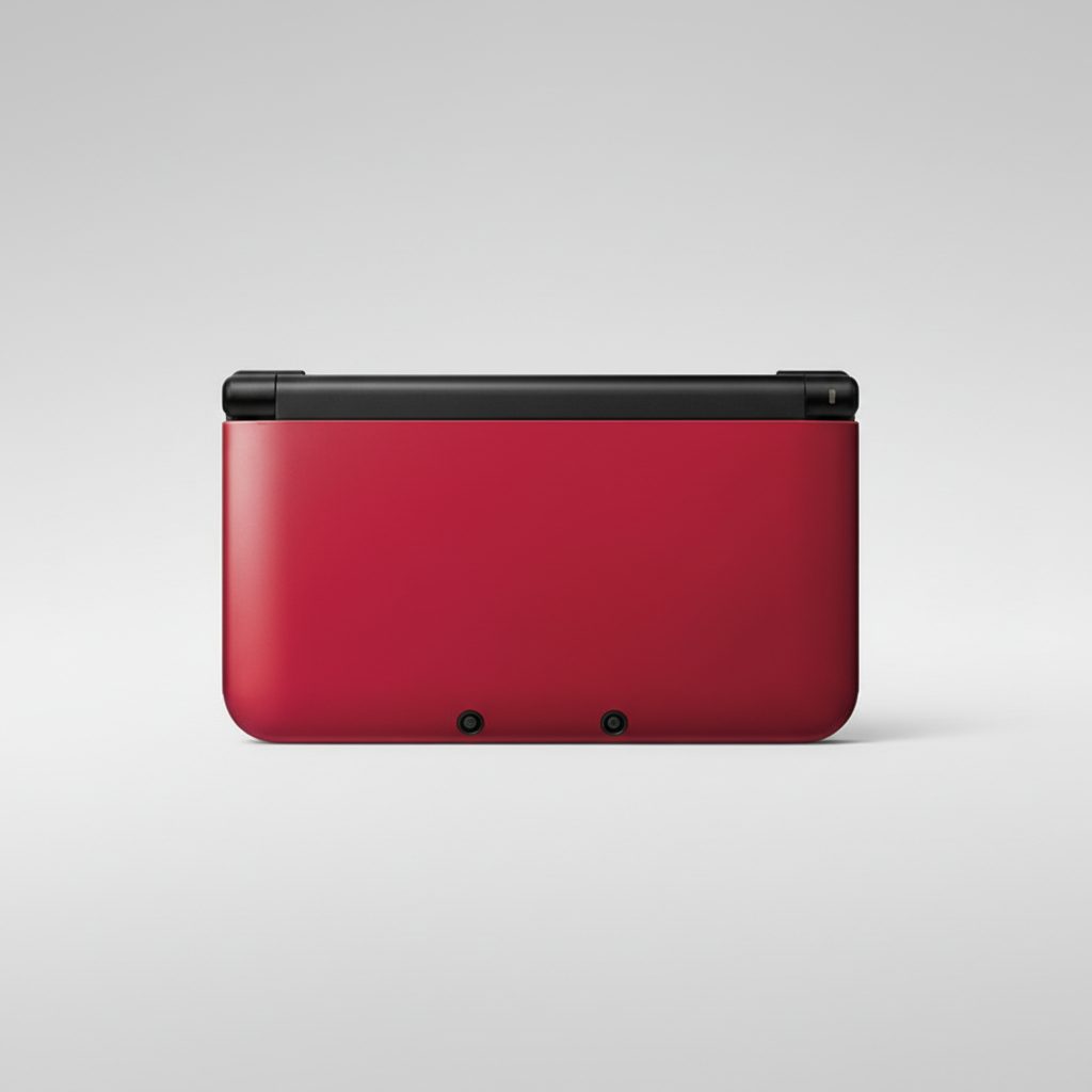Red modded Nintendo 3DS XL with black top closed on grey backdrop, preloaded retro games console UK