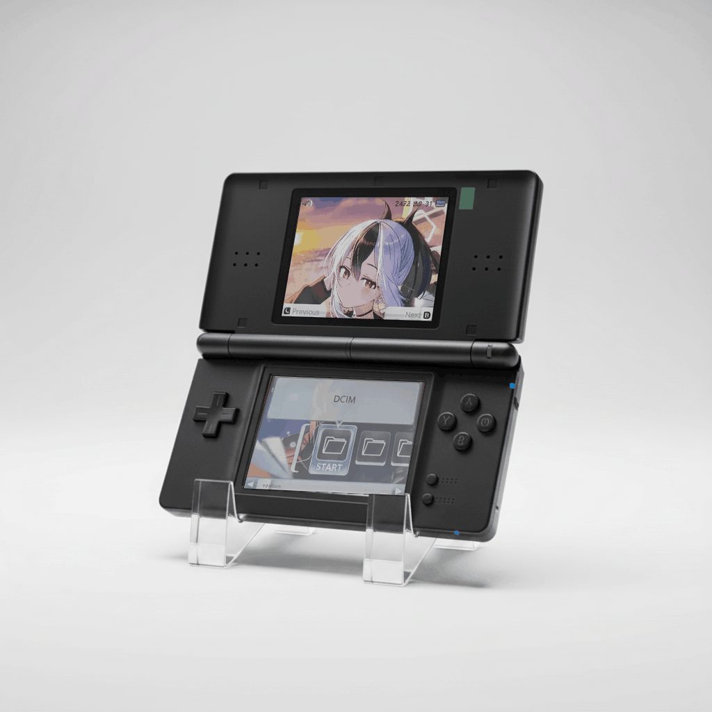 Black modded DS Lite on a clear acrylic stand showing the custom firmware home screen, UK retro handheld