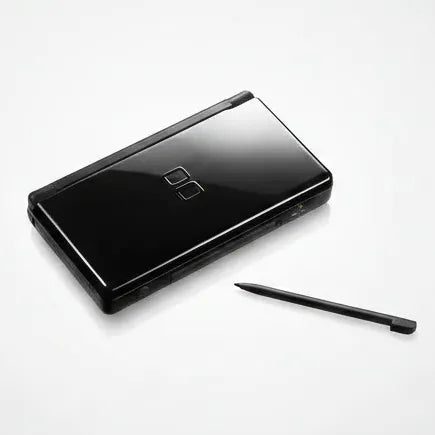 Glossy black modded DS Lite closed beside its stylus, pocket-sized custom firmware handheld to buy online UK