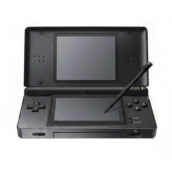 Open black modded DS Lite with stylus on a white background, preloaded retro games ready out of the box