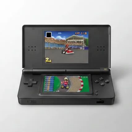 Black modded DS Lite running a classic kart racing game, thousands of preloaded retro games on SD card