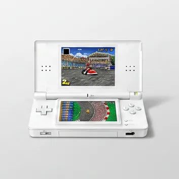 White modded DS Lite playing a retro racing title on both screens, preloaded games console to buy online UK