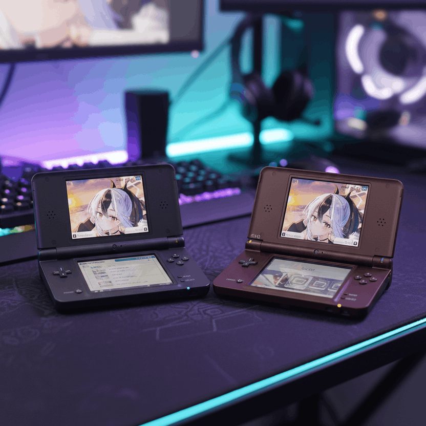 Pair of modded DSi XL handhelds on a neon RGB gaming desk, custom firmware consoles with preloaded games – ModxGaming UK
