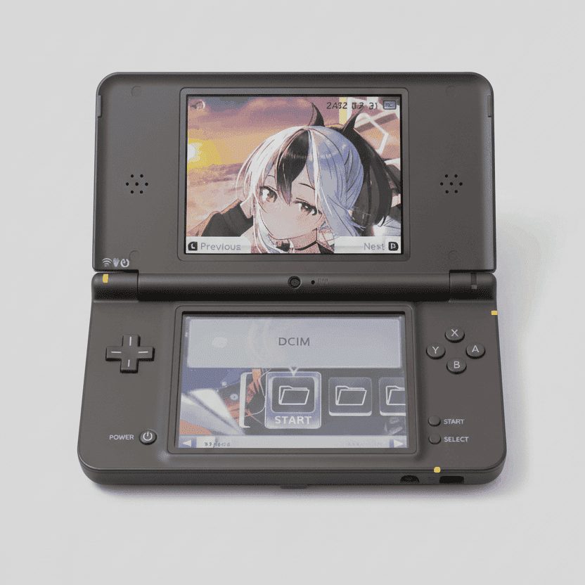 Dark Brown modded Nintendo DSi XL open on white showing the DSi menu, custom firmware with preloaded games UK