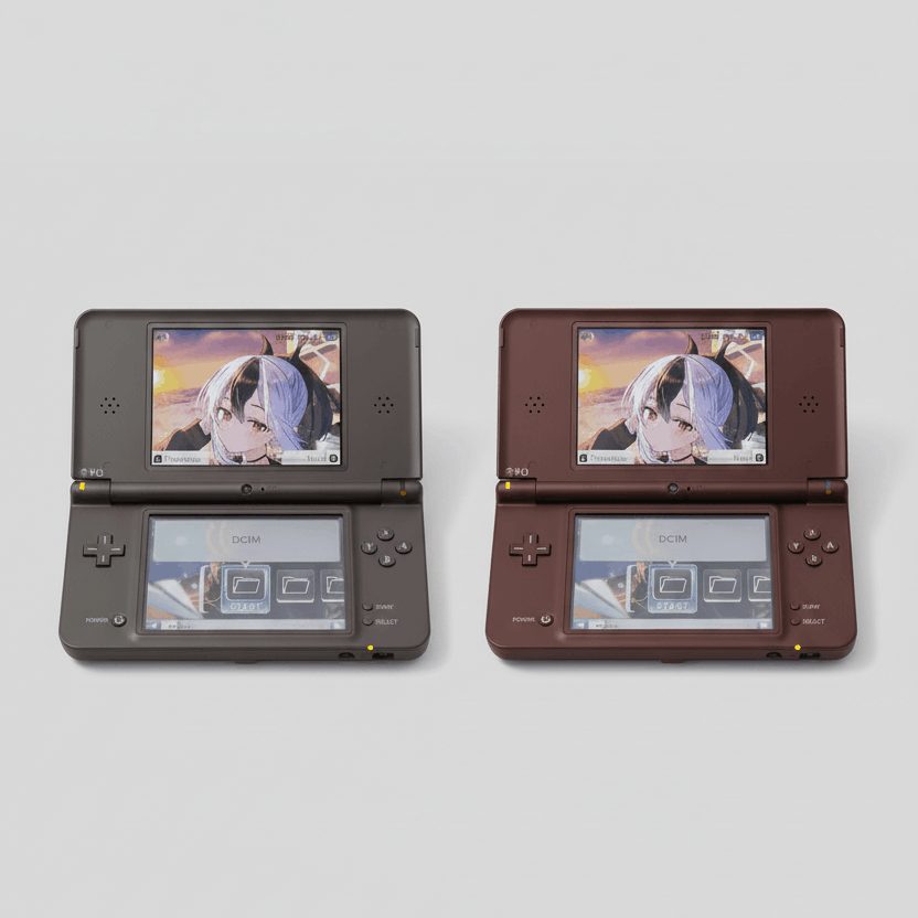 Two modded Nintendo DSi XL consoles side by side on white, dual screens with custom firmware and preloaded games UK