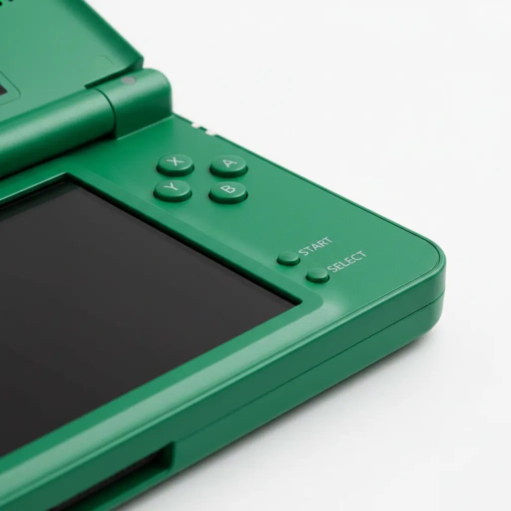 Close-up of the ABXY buttons and touchscreen on a Green modded DSi XL, custom firmware handheld – ModxGaming UK