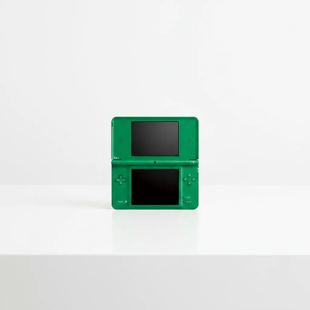 Green modded Nintendo DSi XL closed on a white shelf, compact custom firmware handheld with preloaded games UK