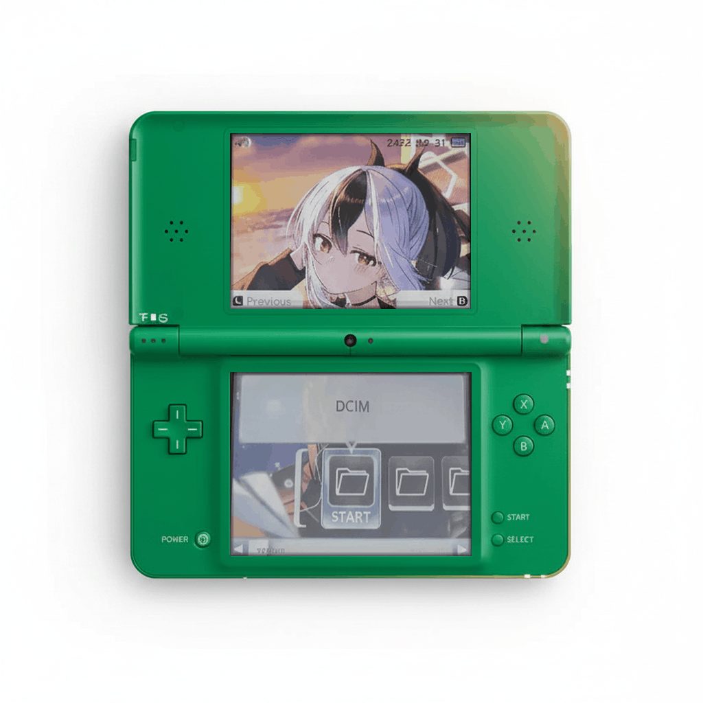 Green modded Nintendo DSi XL overhead open view, custom firmware menu with preloaded games and emulators UK