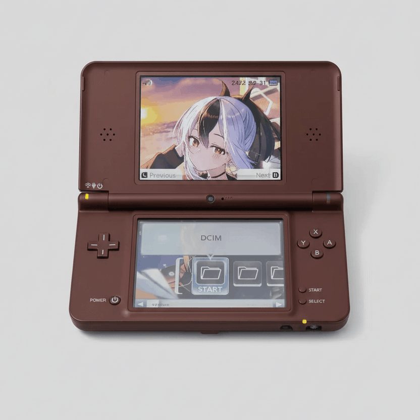 Wine Red modded Nintendo DSi XL open front view, custom firmware handheld with preloaded games, buy online UK