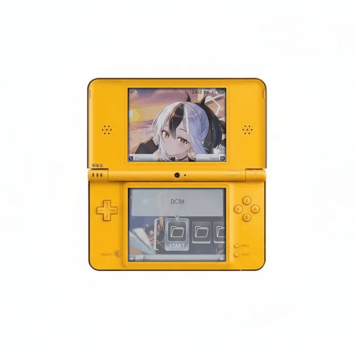 Yellow modded Nintendo DSi XL open front view, custom firmware handheld with preloaded games and SD card, UK stock