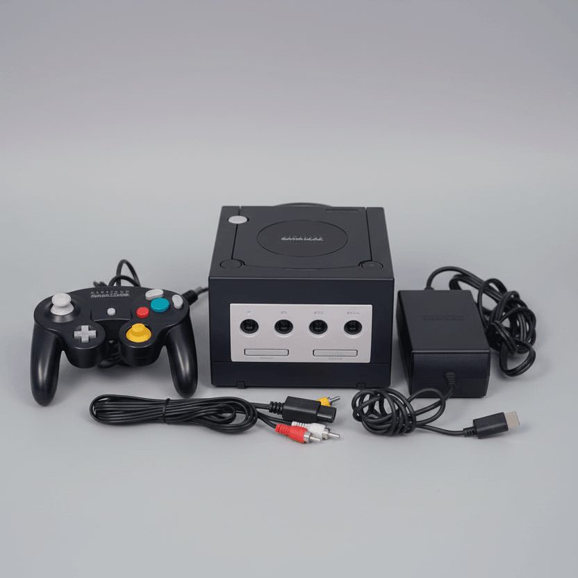 Black modded GameCube full set with controller, power and AV cables on white, SD card loader preinstalled UK