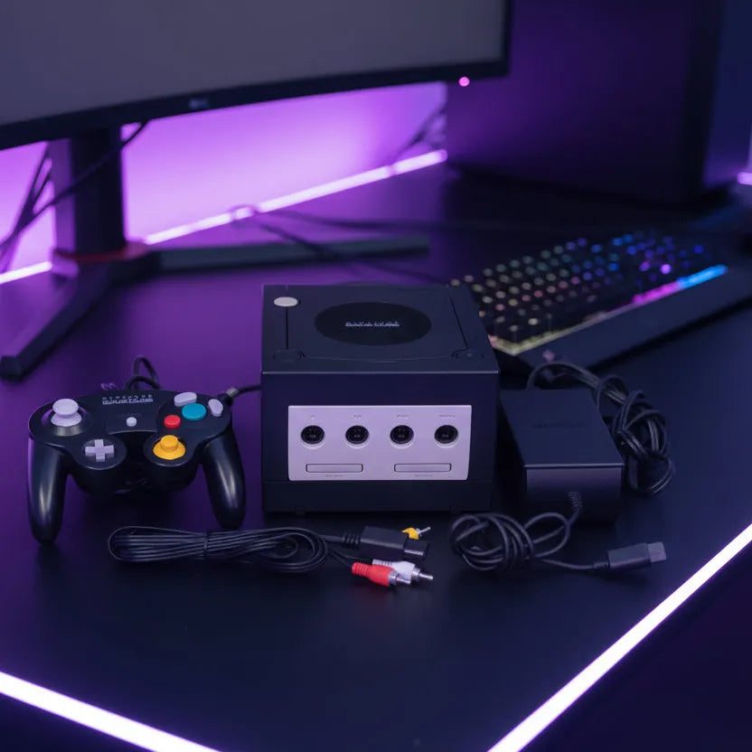 Modded GameCube console and controller on a neon RGB gaming desk, SD card loader with preloaded games – ModxGaming UK