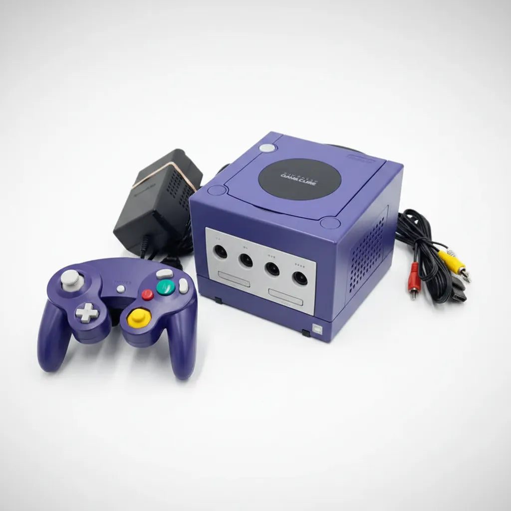 Angled Indigo modded GameCube with controller, power brick and AV cables, plug-and-play preloaded games UK