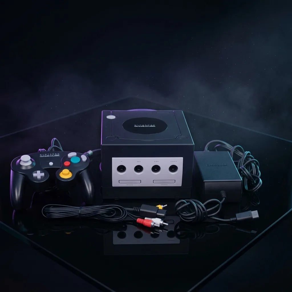 Modded Nintendo GameCube with SD card loader and controller on a dark studio backdrop, preloaded retro games UK