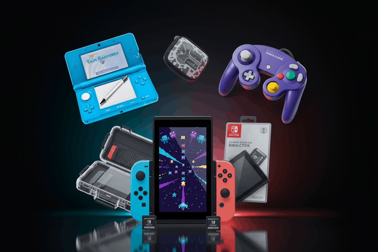 Modded gaming console bundle with Nintendo Switch, 3DS, GameCube controller and premium accessories