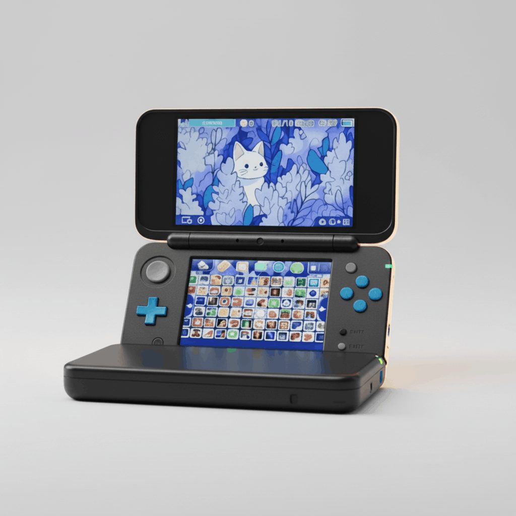 Black modded New 2DS XL open on a white background showing its preinstalled game library, CFW console to buy UK