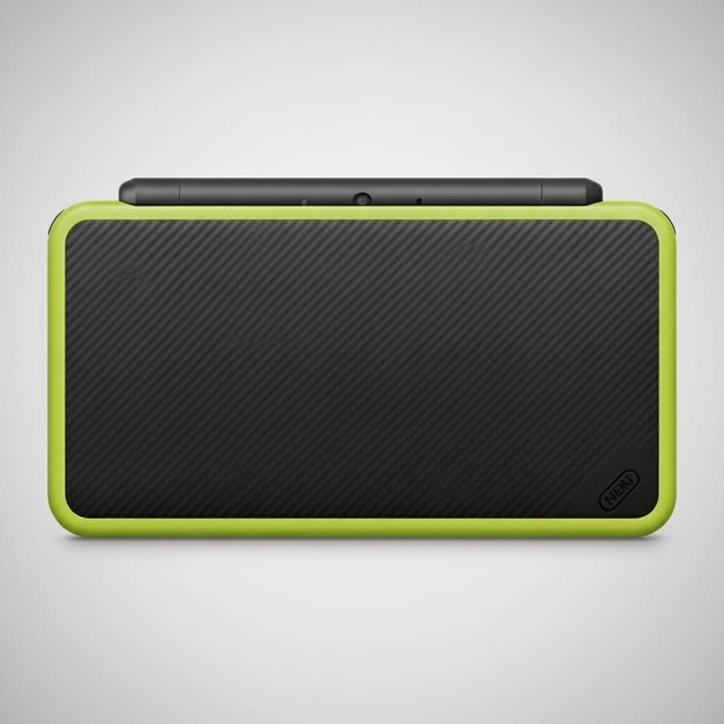 Black and green modded New 2DS XL closed on white, Luma3DS custom firmware handheld with preinstalled games UK