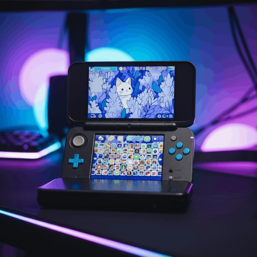 Modded New 2DS XL on a neon RGB gaming desk with its game library on screen, custom firmware handheld – ModxGaming UK