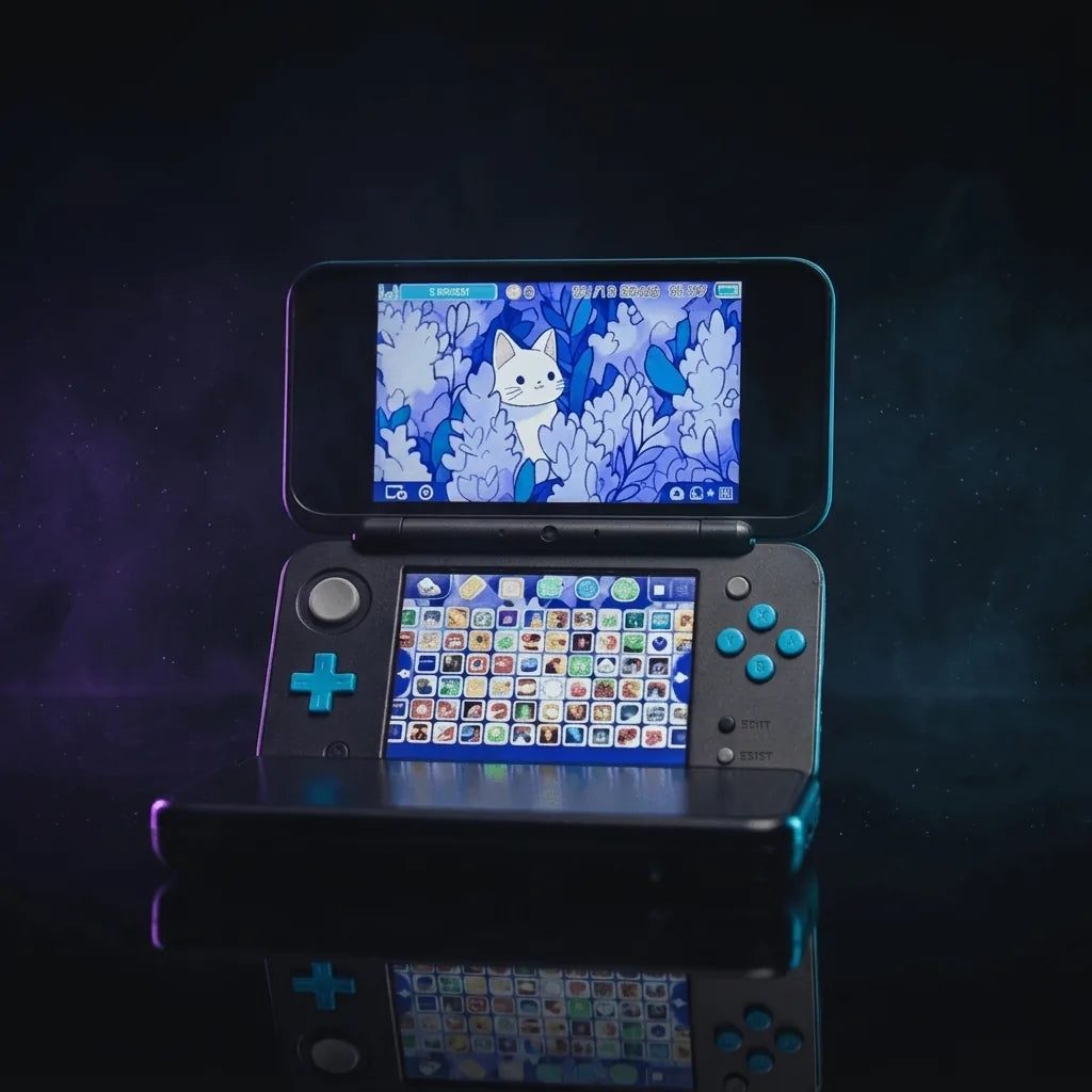 Modded New Nintendo 2DS XL open on a dark studio floor, dual screens showing preinstalled games, custom firmware UK