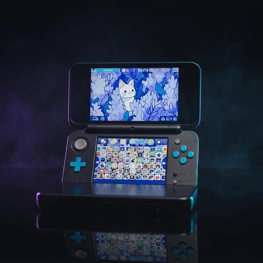 Modded New Nintendo 2DS XL open on a dark studio floor, dual screens showing preinstalled games, custom firmware UK