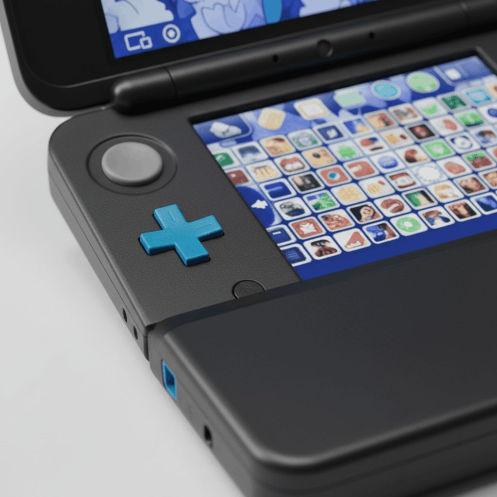 Close-up of the teal D-pad and analogue nub on a modded New 2DS XL, custom firmware handheld with preinstalled games