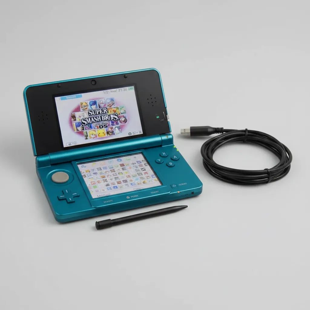 Aqua Blue modded Nintendo 3DS open with game menu on screen, stylus and USB cable, CFW installed UK