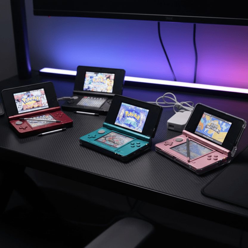 Modded Nintendo 3DS colour range on an RGB gaming desk - Aqua Blue, Flame Red, Cosmos Black and Pearl Pink