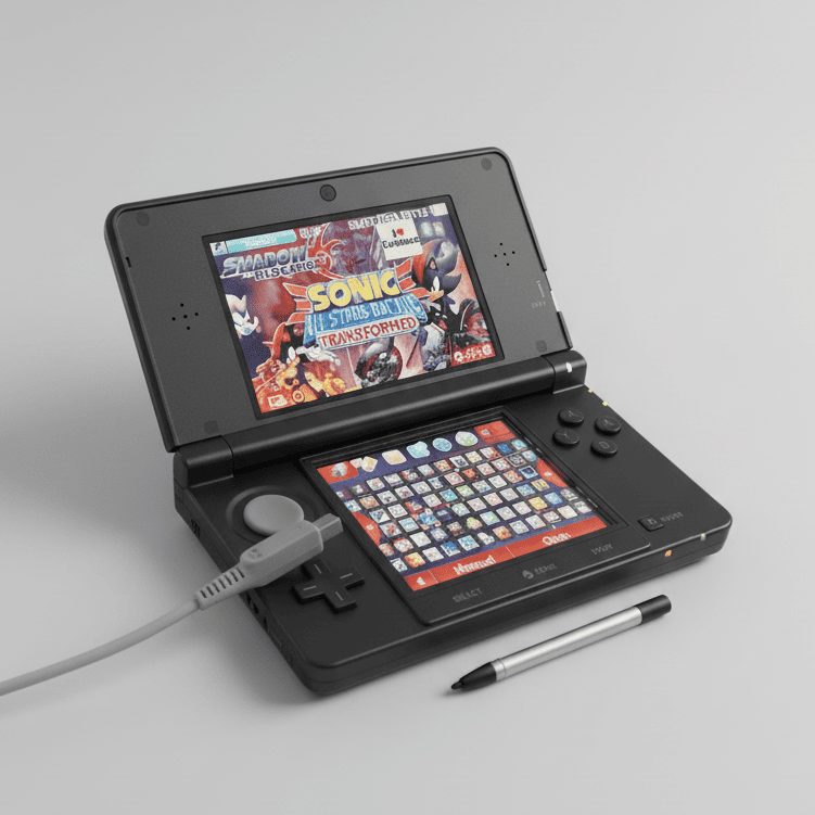 Cosmos Black modded Nintendo 3DS with stylus and charger showing a retro game library, CFW ready