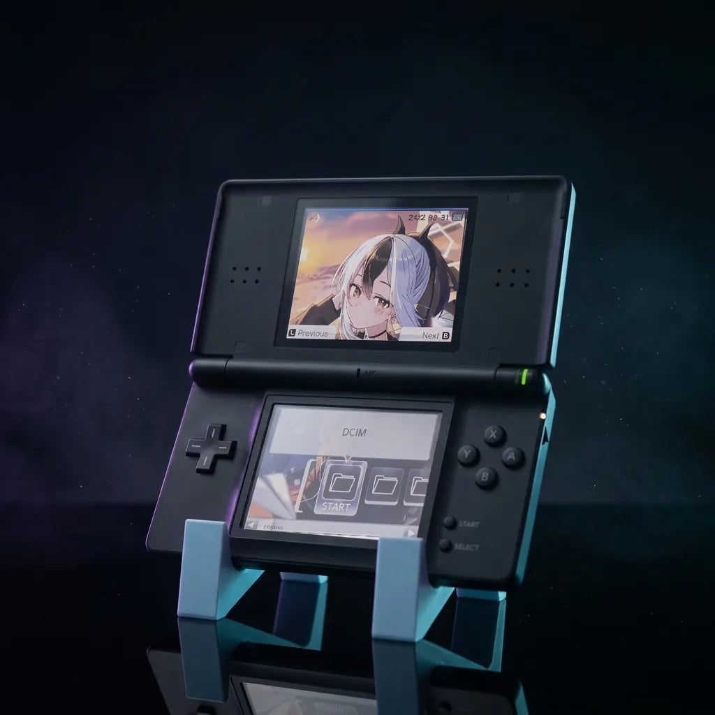Modded Nintendo DS Lite with custom firmware displayed on a stand, preloaded retro games, buy online in the UK