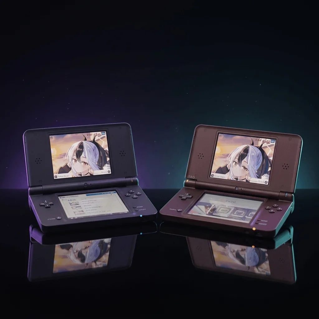 Two modded Nintendo DSi XL consoles open on a dark reflective studio floor, custom firmware with preloaded games UK