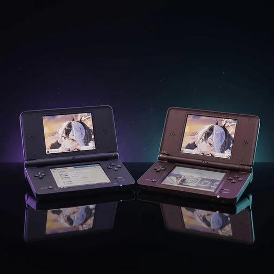 Two modded Nintendo DSi XL consoles open on a dark reflective studio floor, custom firmware with preloaded games UK