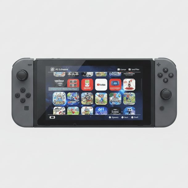Modded Nintendo Switch with grey Joy-Cons showing the CFW home screen game library, Switch SD card bundle UK