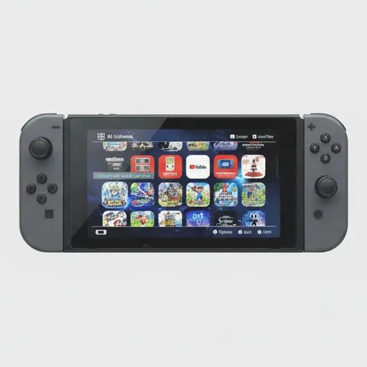 Black modded Nintendo Switch console displaying its preinstalled retro games library, custom firmware UK