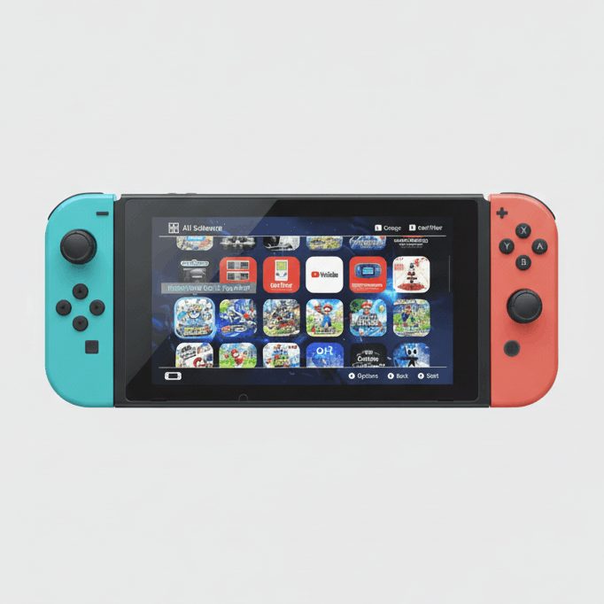 Modded Nintendo Switch with red and blue Joy-Cons showing the preloaded game library, custom firmware bundle UK