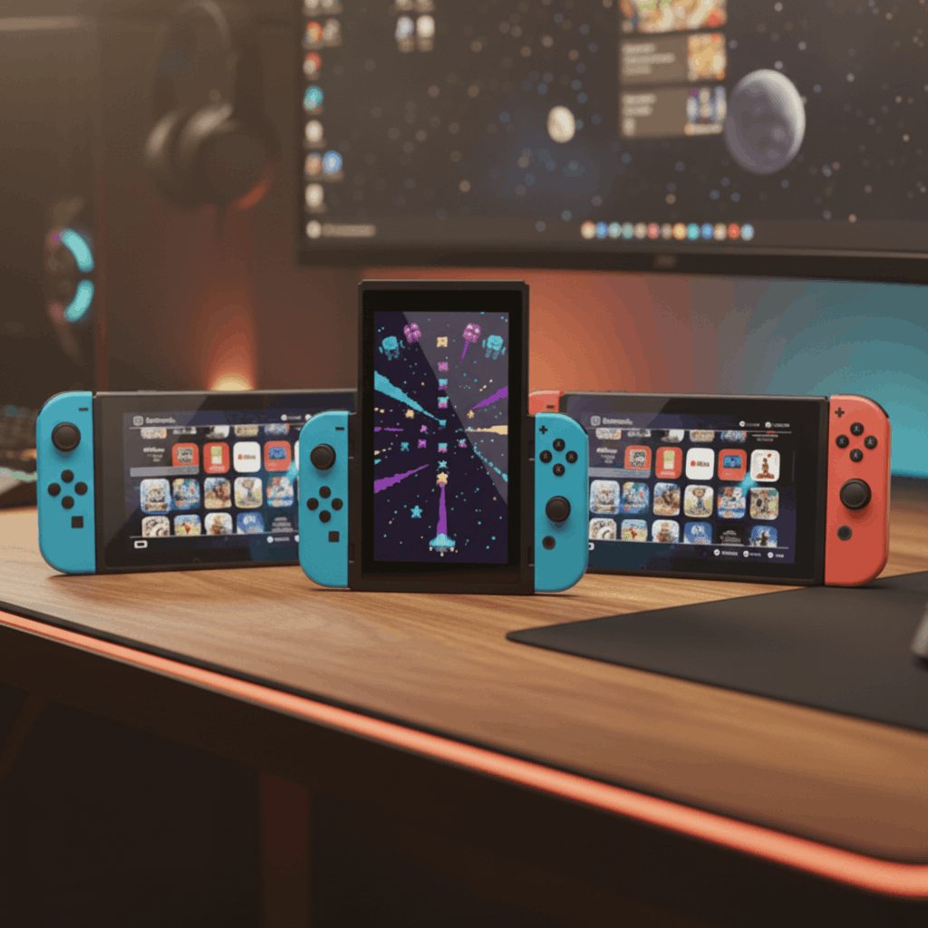 Modded Nintendo Switch on a brightly lit desk setup with custom firmware and preloaded games bundle UK