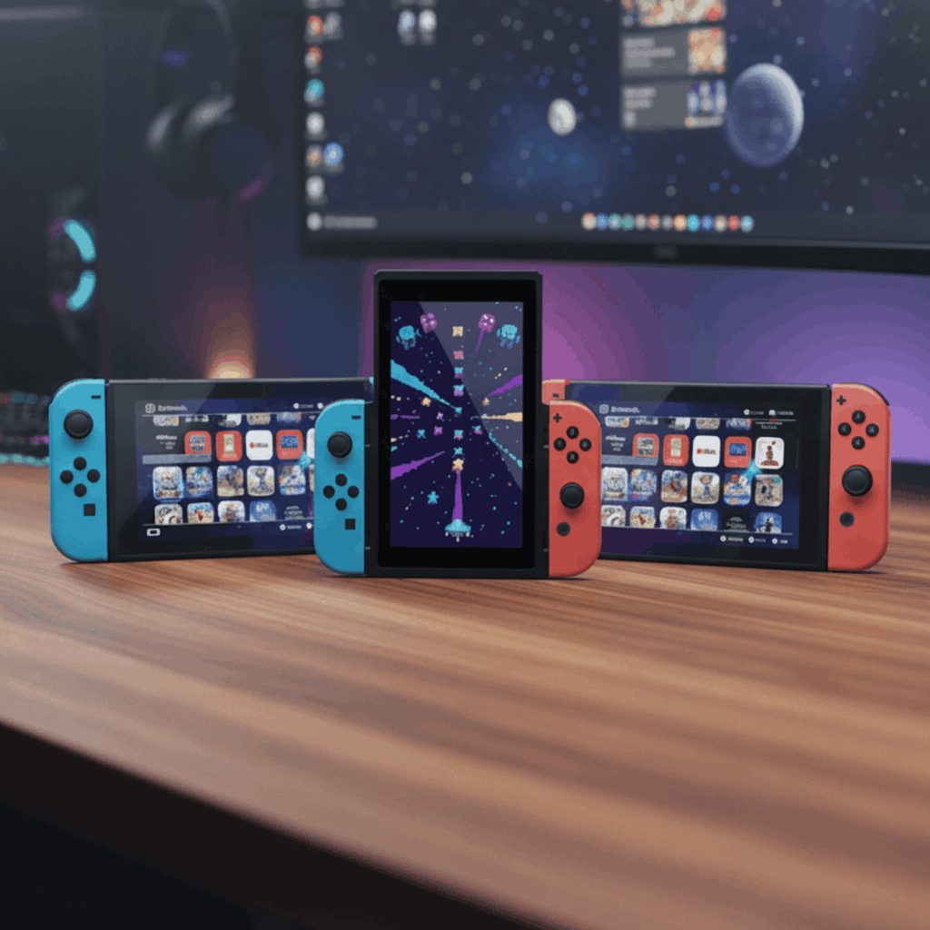 Modded Nintendo Switch on a dark gaming desk with custom firmware and preloaded games, Switch bundle UK