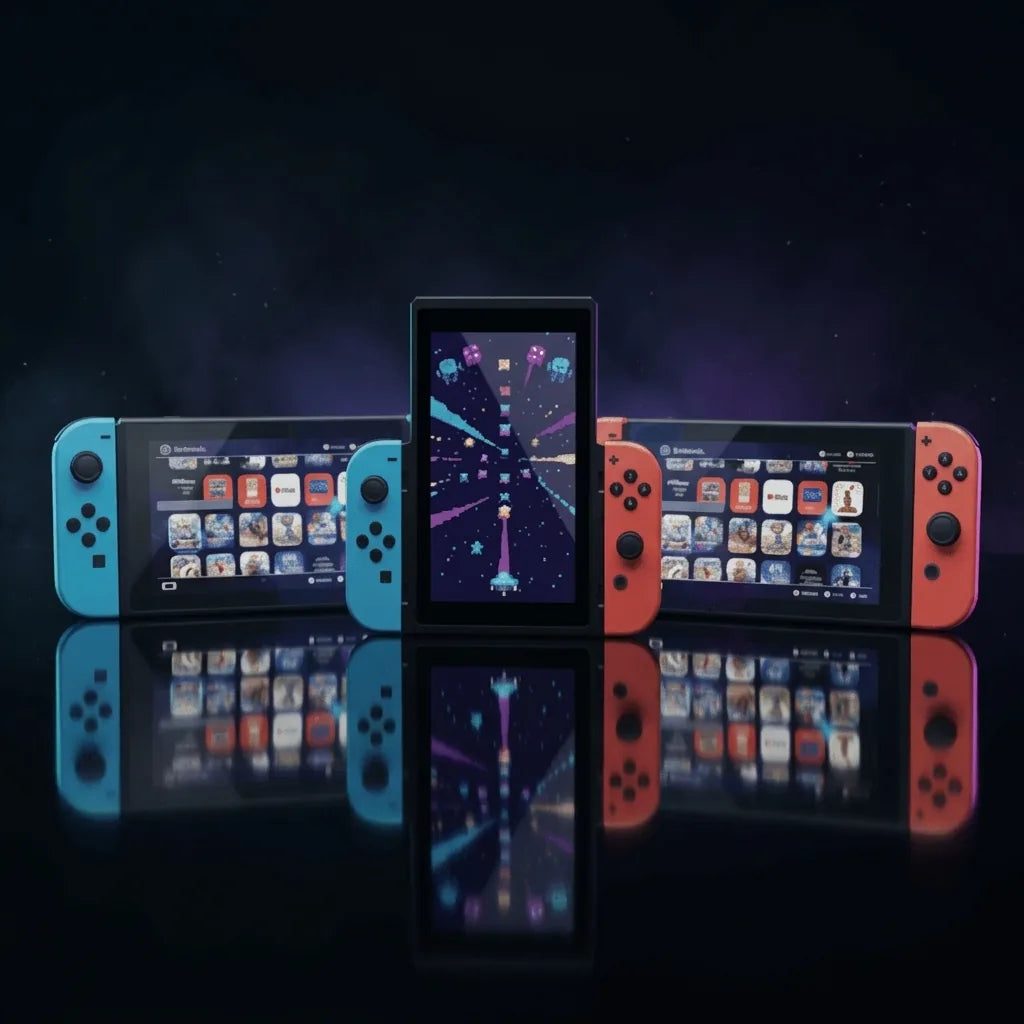 Modded Nintendo Switch with detached red and blue Joy-Cons and a full game grid, modded Nintendo Switch bundle UK